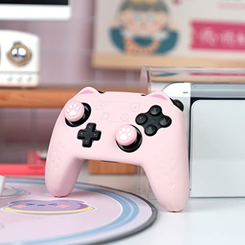 GeekShare Cat Paw Controller Skin Grips Set - Switch Pro Compatible - Anti-Slip Silicone Protective Cover Case - Joystick Caps - Pink