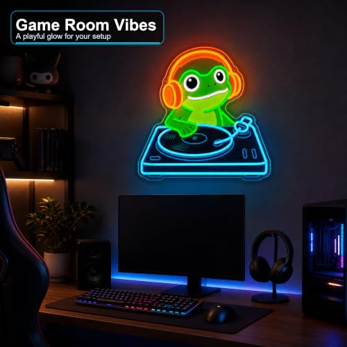 Frog DJ Neon Sign, Music Neon Signs for Wall Decor, Cute LED Light Up Sign for Bedroom, Game Room, Man Cave, Bar, Studio and Party Decor, USB Powered Dimmable Funny Wall Art Gift for DJ Music Lovers - style: DJ Frog