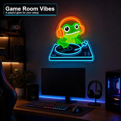 Frog DJ Neon Sign, Music Neon Signs for Wall Decor, Cute LED Light Up Sign for Bedroom, Game Room, Man Cave, Bar, Studio and Party Decor, USB Powered Dimmable Funny Wall Art Gift for DJ Music Lovers - style: DJ Frog