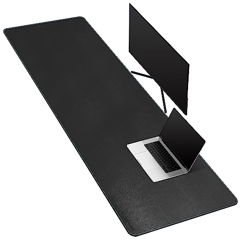 CENNBIE Leather Desk Mat Large, 63" x 19.6" Desk Pad Protector(Black) | Premium stitched edges resist wear. Easy to clean. Protects desk from spills, stains ,scratches. Smooth glide. Office & home. - color: Black, size: 19.6" x 63"
