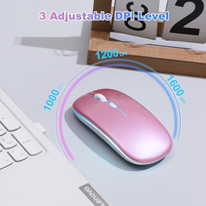 Wireless Bluetooth Mouse, Rechargeable Computer Mouse, Rose Gold | Dual Mode - BT5.2 & 2.4G,Long Lasting,Silent RGB LED Mice,Slim Portable Mouse for Laptop,PC,Tablet,MacBook,iPad,Apple Devices - color: Rose Gold
