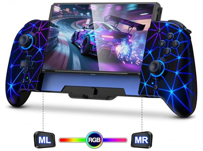 Spican Switch Controllers for Nintendo Switch/Switch OLED, Hall Effect Switch Wireless Pro Controller One-Piece Joypad, Full-Size Handheld Mode Gamepad with RGB Lights/Battery/Turbo/Macro/4 Game Slot - color: Black-Stellar Grid, size: 6.2"/7"
