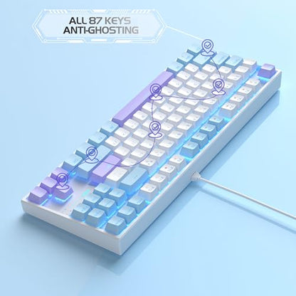 MageGee 75% Mechanical Gaming Keyboard, Red Switch, LED Blue Backlit, 87 Keys Compact TKL Wired Keyboards for Windows Laptop PC Gamer - White/Blue - color: White Blue/Red Switch