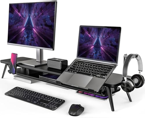 Fenge 42.5-Inch Monitor Stand Riser with Laptop, Phone & Headphone Holders | 10° Adjustable Laptop Holder, 2-Tier Storage, Dual Monitor or Monitor-Laptop Setup, Ideal for Multitasking, Gaming, Streaming - color: Black