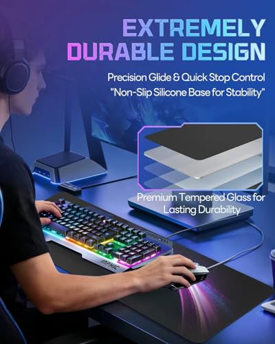 XXL Glass Gaming Mouse Pad, 38.5×16.5 Inch Desk Mat Black | 3mm Tempered Glass Surface with 0.85μm Micro Etched Texture, Smooth Glide & Precision Control for FPS Gaming, Keyboard Setup - color: Black, size: 38.5" x16.5"