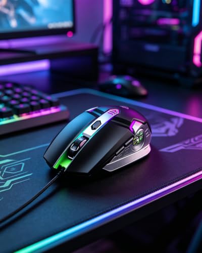 Wired Gaming Mouse, 4-Color Breathing Light, 800-3200 DPI Optical Ergonomic Mouse with Programmable 6 Buttons for PC Laptop (Black) - color: Black