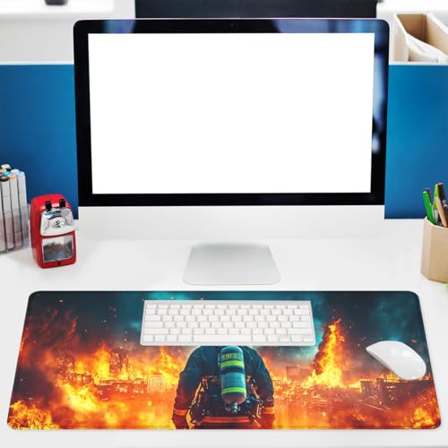 Firefighter Mouse Pad Heroic City Inferno Disaster Scene Large Gaming Mouse Mat with Stitched Edges,Non-Slip Waterproof Rubber Base Mous Mat Office Computer Keyboard Laptop 31.5x11.8 Inch - color: Firefighter_11, size: 31.5L x 11.8W inches