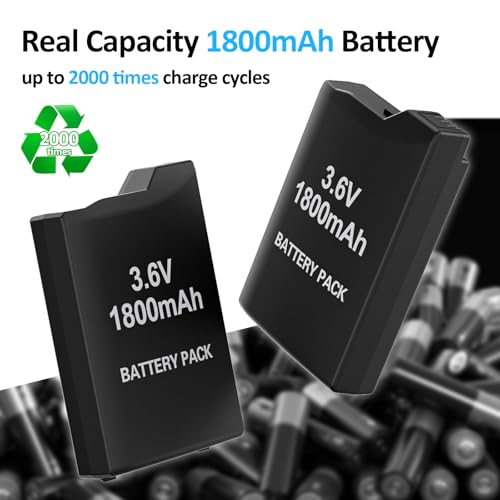 PSP Battery and Charger, 2Pcs 1800mAh 3.6v Lithium Polymer Replacement Rechargeable Batteries with LED Charging Station for PSP 1000 1001, PSP-110, PSP Fat Console - size: for PSP1000
