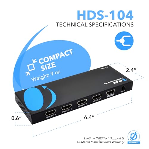 OREI HDMI Splitter 1 in 4 Out – 4K@60Hz HDMI 2.0 Splitter with HDCP 2.2, EDID Management, and LPCM/Dolby/DTS Audio Support – Compact Plug & Play Design | OREI HDMI Splitter 1 in 4 Out – Up to 4K@60Hz HDMI 2.0 Splitter with HDCP 2.2 With EDID Management, L