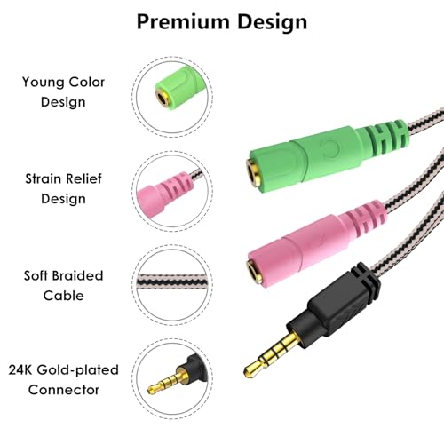 MillSO Headphone Mic Splitter, 3.5mm Headset Adapter (Microphone + Audio) 2 TRS Female to TRRS Male CTIA Stereo Jack Y Cable Compatible for Dual-Plug Gaming Headset to Xbox, PS4, Phone, Laptop, PC - size: 1 Pack / 0.6 Feet