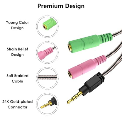 MillSO Headphone Mic Splitter, 3.5mm Headset Adapter (Microphone + Audio) 2 TRS Female to TRRS Male CTIA Stereo Jack Y Cable Compatible for Dual-Plug Gaming Headset to Xbox, PS4, Phone, Laptop, PC - size: 1 Pack / 0.6 Feet
