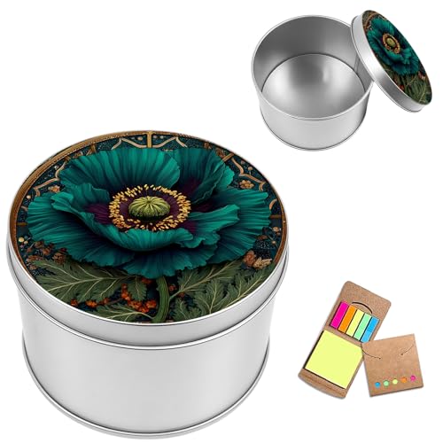 Metal Round Storage Containers Box with Lid, Metal Tins Organizer Box for Earring Jewelry Craft Trinket Keys Watch, Green Floral Design Decorative Storage Case with Notepad - color: Green Floral