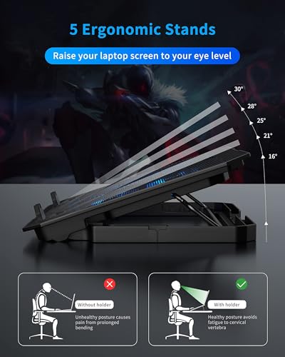 AICHESON Laptop Cooling Pad for 12-15.6 Inch, 6 Cooler Fans, Blue Lights | Laptop Cooling Stand with 2 USB Ports, Adjustable Heights Base