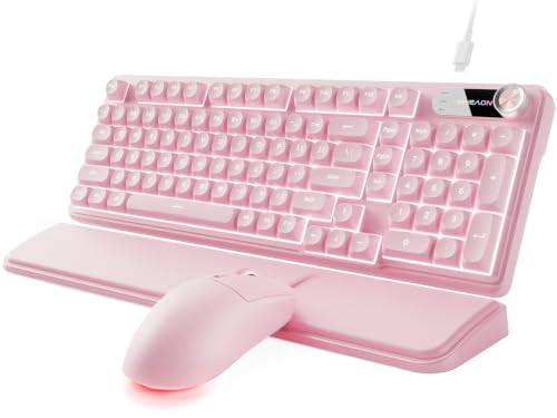 EWEADN Wired Keyboard and Mouse Combo with Detachable Wrist Rest, Quiet Ergonomic Keyboard Mouse Set with Multimedia Knob, RGB Backlit, Double-Shot Keycaps Natural Typing for Laptop, PC - Pink - color: Pink