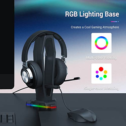 KIWIFOTOS PC Gaming Headphone Holder Under Desk Headset Hanger + 4 in 1 Headphone Stand with Mouse Bungee & RGB Light & USB Port