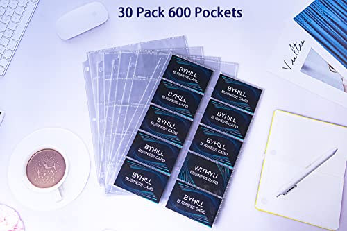 BYSTER 30 Pack 600 Pockets Business Card Sleeves Binder Sheets, Ultra-Clear Business Card Pages for 2/3/4 Ring Binder, Double Sided 10 Pocket Credit Card Pages - color: 30 Pack Sleeves