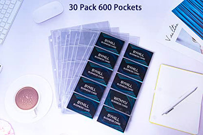 BYSTER 30 Pack 600 Pockets Business Card Sleeves Binder Sheets, Ultra-Clear Business Card Pages for 2/3/4 Ring Binder, Double Sided 10 Pocket Credit Card Pages - color: 30 Pack Sleeves