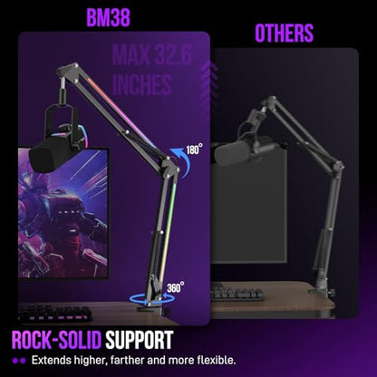 FIFINE Microphone Boom Arm, Metal Adjustable Mic Arm Stand with RGB Control, 3/8” to 5/8” Screw Adapter, Desk Mount Clamp, Suspension Scissor Mic Stand for Gaming Streaming Podcast-AmpliGame BM38 | Gaming RGB Mic Arm, Desk Mount Clamp, 3/8” to 5/8” Screw