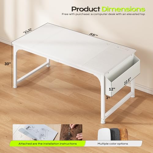 DurayLoly 55 x 24 inch Desk, 24mm Thick Heavy Duty Computer Desk with RGB LED & Power Outlets, Gaming Desk with Detachable Stand, Hooks & Storage Bag, 150LBS Load Capacity, White - color: White, size: 55 Inch