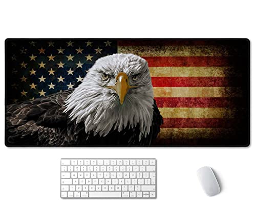 SSOIU Extended Gaming Mouse Pad - Non-Slip Water-Resistant Rubber Base Computer Keyboard Mouse Mat, 35.5x15.7-inch XX-Large Desk Mat, Ideal Partner for Work & Game, American Bald Eagle on Grunge Flag - color: American Bald Eagle