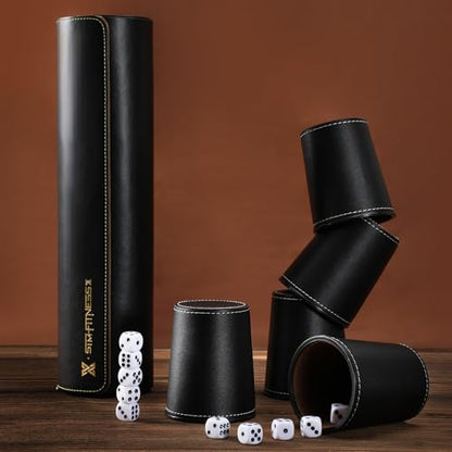 Leather Dice Cup Set, 5 Black Dice Cups, 25 Dice with Storage Travel Case | PU leather dice set with 5 felt-lined cups, 25 dice and storage case for Liar’s Dice, craps, backgammon and party games - color: Black