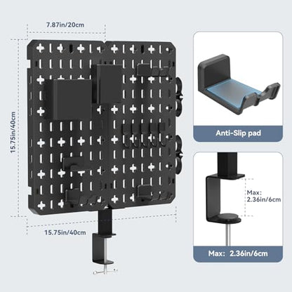 KDD 7 in 1 Clamp-on Desk Pegboard - No Drill Desk Side Storage with Phone Stand/Pen Holder/Storage Box/Headset & Controller Holder/Hooks, Detachable Gaming Pegboard for Office & Home Desktop Organizer