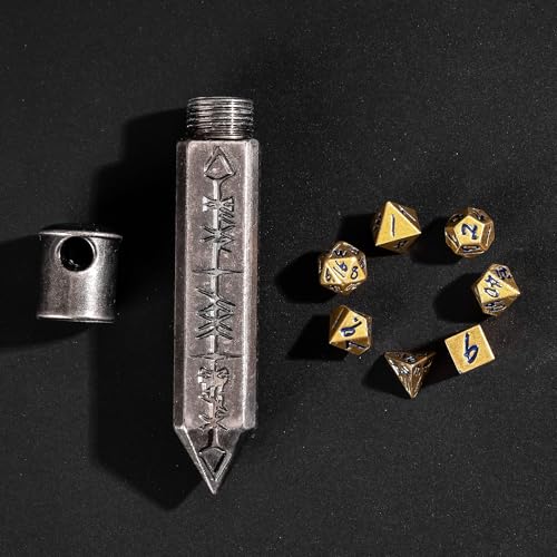 Mini Dice Set with Rune Keychain Case,7PCS Polyhedral Metal Dice Set for DND Role Playing Games(Silver/Gold Blue) - color: Silver/Gold Blue