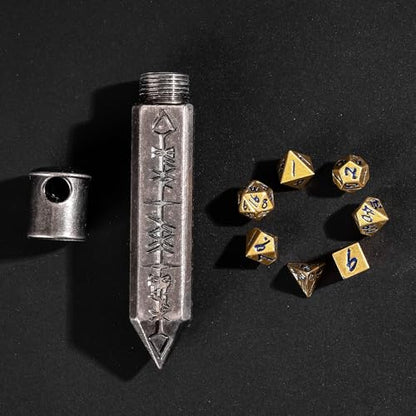 Mini Dice Set with Rune Keychain Case,7PCS Polyhedral Metal Dice Set for DND Role Playing Games(Silver/Gold Blue) - color: Silver/Gold Blue
