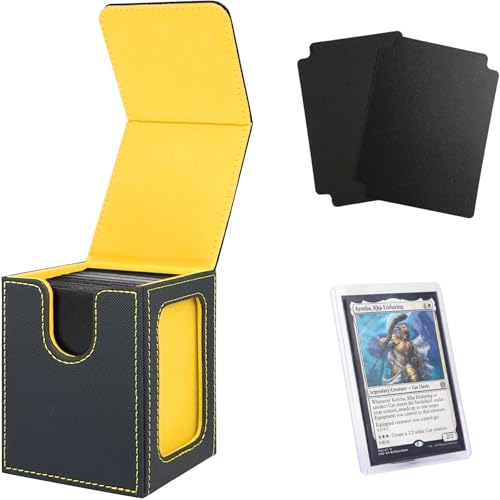 MTG Deck Box with Commander Display, Fits TCG Cards (Black&Yellow) | Holds 120 Single/100 Double-Sleeved Cards, Fit MTG/PTCG/OPTCG Cards, Strong Magnet, PU Leather, With 2 Dividers & 1 Toploader - color: Black and Yellow