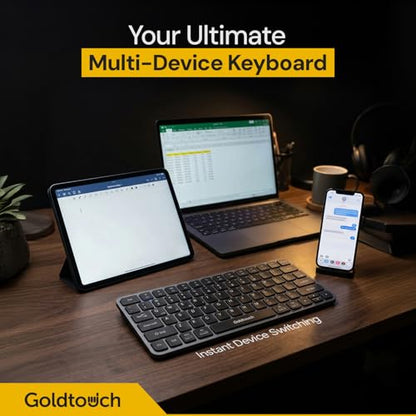 Goldtouch Trident Mini. Bluetooth Keyboard. Portable Mini Wireless Keyboard for Windows, Mac, iOS, Android. 4-Way Connectivity: USB, 2.4GHz & Dual Bluetooth. Compact 78-Key. 6-Month Battery.