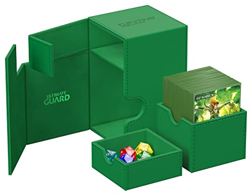 Ultimate Guard Flip'n'Tray 100+, Deck Case for 100 Double-Sleeved TCG Cards + Dice Tray, Green, Independent Magnetic Closure & Microfiber Inner Lining - color: Green