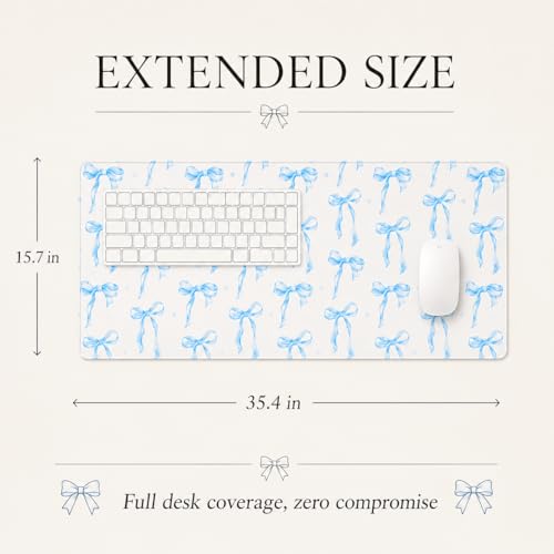 Blue Bow Desk Mat 35.4x15.7 Inch, Large Extended Mouse Pad with Coquette Bow Pattern, Non-Slip Waterproof Desk Pad for Home Office, Study & Aesthetic Setup (Blue Bow) - color: Blue Bow