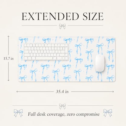 Blue Bow Desk Mat 35.4x15.7 Inch, Large Extended Mouse Pad with Coquette Bow Pattern, Non-Slip Waterproof Desk Pad for Home Office, Study & Aesthetic Setup (Blue Bow) - color: Blue Bow