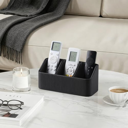 No Drill PU Leather Wall Remote Holder, 3 Compartments Storage Caddy for TV AC Remotes, Pens, Eyeglasses, Home Bedroom Bathroom Office (Stylish Black Fine Ribbed) - color: Stylish Black Fine Ribbed