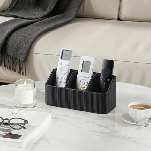 No Drill PU Leather Wall Remote Holder, 3 Compartments Storage Caddy for TV AC Remotes, Pens, Eyeglasses, Home Bedroom Bathroom Office (Stylish Black Fine Ribbed) - color: Stylish Black Fine Ribbed