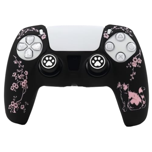 Cat Among Blossoming Branches Controller Skin Cover Compatible with PS5/Playstation 5 Controller, RALAN Protector Case Customised Thumb Grip - color: Cat Black Pink