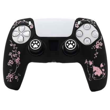 Cat Among Blossoming Branches Controller Skin Cover Compatible with PS5/Playstation 5 Controller, RALAN Protector Case Customised Thumb Grip - color: Cat Black Pink
