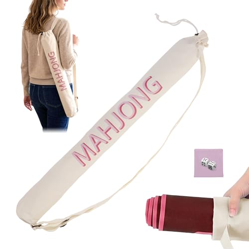 34 Inch Long Mahjong Mat Bag and Dice Bag | Cute Double Strapped Canvas Drawstring Mahjong Game Rack & Pushers Storage Bags | Lightweight Outdoor Carrying Bags for Board Games Travel Storage(white) - color: White