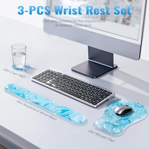 Ospelelf Mouse Pad with Wrist Rest Set Gel Ergonomic Keyboard Wrist Support Anti-Slip Rubber Bottom Office Women Desk Accessories for Computer, Laptop and Gaming, Ice Blue - color: Ice Blue, style: Keyboard Rest + Mouse Rest + Coaster