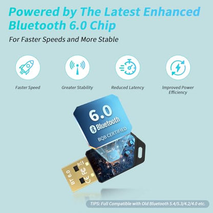 Latest Bluetooth 6.0 Adapter for PC Laptop, Mini Wireless USB Dongle Adaptor for Windows 11/10/8.1 Desktop Computer, Plug & Pair w/Bluetooth Headset Speaker Keyboard Mouse Game Controller - size: Mini Sized