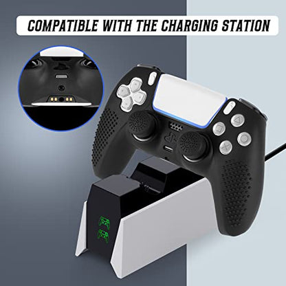 PS5 Controller Skin, Anti-Slip Soft Silicone Protective Cover Case for PlayStation 5 Controller Grip Accessories, 2 Pack with 8 x Thumb Grip Caps (Black&Black) - color: Black&Black