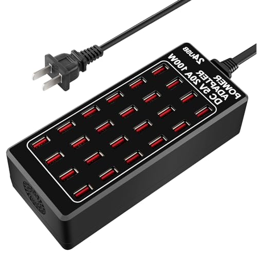 24-Port 100 watt (20 A) USB Charging Station, Travel Desktop USB Rapid Charger, Multi Ports Fast Charger Station Organizer Compatible with Smartphones, Tables, and More Devices