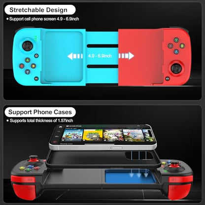 arVin Wireless Gamepad Controller for iPhone iOS Android PC with Back Button, Mobile Gaming Controller for iPhone 15/14/13/12/11, iPad, MacBook, Samsung Galaxy S23/S22/S21, TCL, Tablet, CODM, Genshin - color: Blue&Red