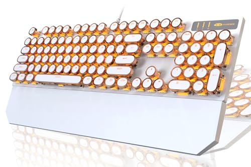 Camiysn Typewriter Style Mechanical Keyboard, Retro Punk Gaming Keyboard with Gold LED Backlit, Cute Wired Keyboards,104 Keys Full Size Keyboards, Uique Round Keycaps for Windows/Mac/PC(White&Gold) - color: Gold (Circle)