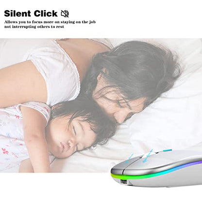 WREANU Wireless Bluetooth Mouse Rechargeable Laptop Mice with LED Lights Silent Slim Use(BT5.2 and 2.4G Portable USB Receiver)Dual Mode Computer Mouse for Laptop/iPad/Tablet/Apple/Computer/Mac(Silver) - color: Silver Wireless Bluetooth Mouse