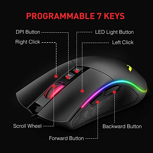havit RGB Gaming Mouse Wired Programmable Ergonomic USB Mice 4800 Dots Per Inch 7 Buttons & 7 Color Backlit for Laptop PC Gamer Computer Desktop (Black)