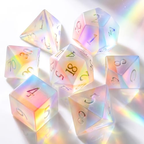 Natural Iridescent Glass Dice Set, 7-Piece Handcrafted Polyhedral Dice with Gold Engraving, Ideal for D&D, RPG, MTG & Tabletop Games, Gift Box Included (Iridescent Glass) - color: Iridescent Glass