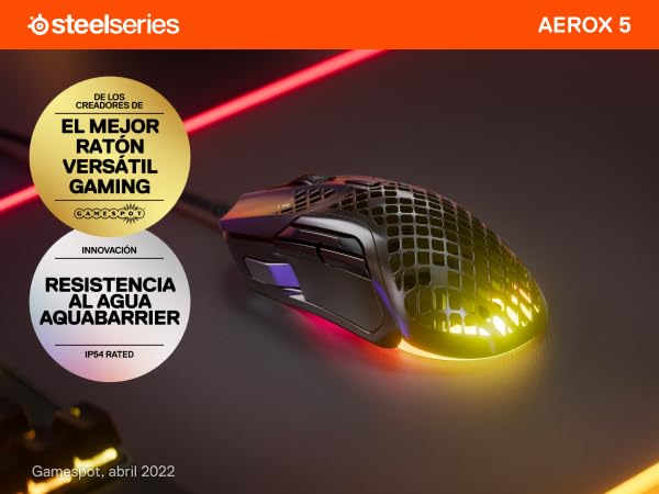 SteelSeries Aerox 5 - Holey RGB Gaming Mouse - Ultra-lightweight Water Resistant Design - 18K DPI TrueMove Air Optical Sensor | TrueMove Air sensor with 9 buttons and 66g weight for precision, speed and durability - style: Wired