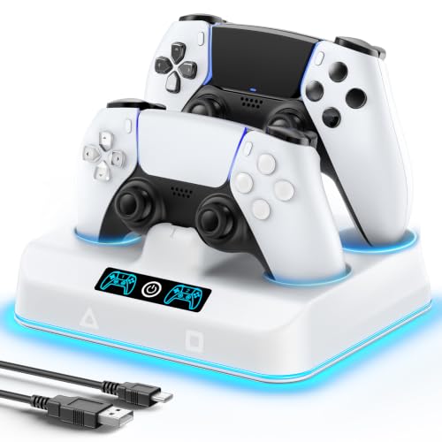 PS5 Controller Charger Station, Drop & Go Design Compatible with PlayStation 5 DualSense/Edge Remotes, Fast Charging Dock with 9 RGB Lights & LED Indicator, Charging Stand