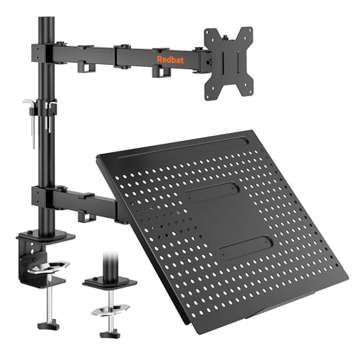 Redbat Monitor and Laptop Mount Stand, Fully Adjustable Monitor Arm with Vented Tray for 13" to 32" LCD Screens and Notebook up to 16", Holds up to 22lbs, VESA Compatible, Dual Mounting Options | Fully Adjustable Monitor Arm with Vented Tray for LCD Scree